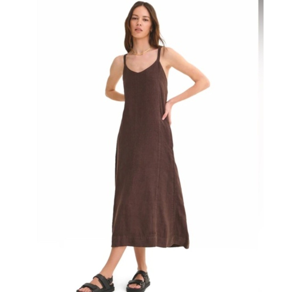 MATE the Label Womens XL Dress Organic Linen Brown Midi Tie Back Pockets Eco